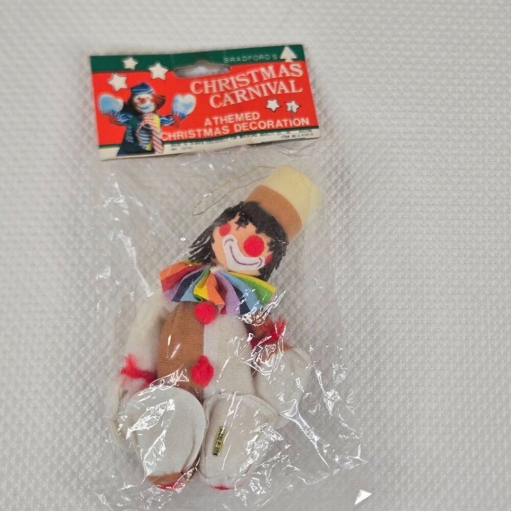 Vintage 70s Christmas Carnival Clown Ornament Plush Rainbow Bowtie